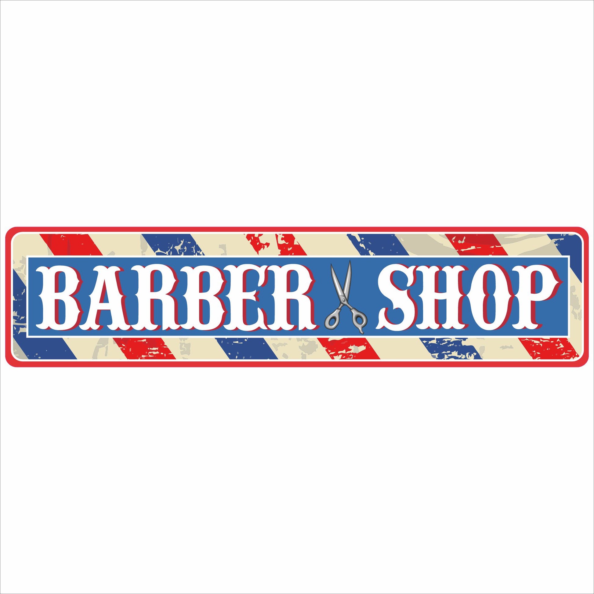Personalized Barber Shop aluminum sign with red white and blue vintage stripe background and custom name
