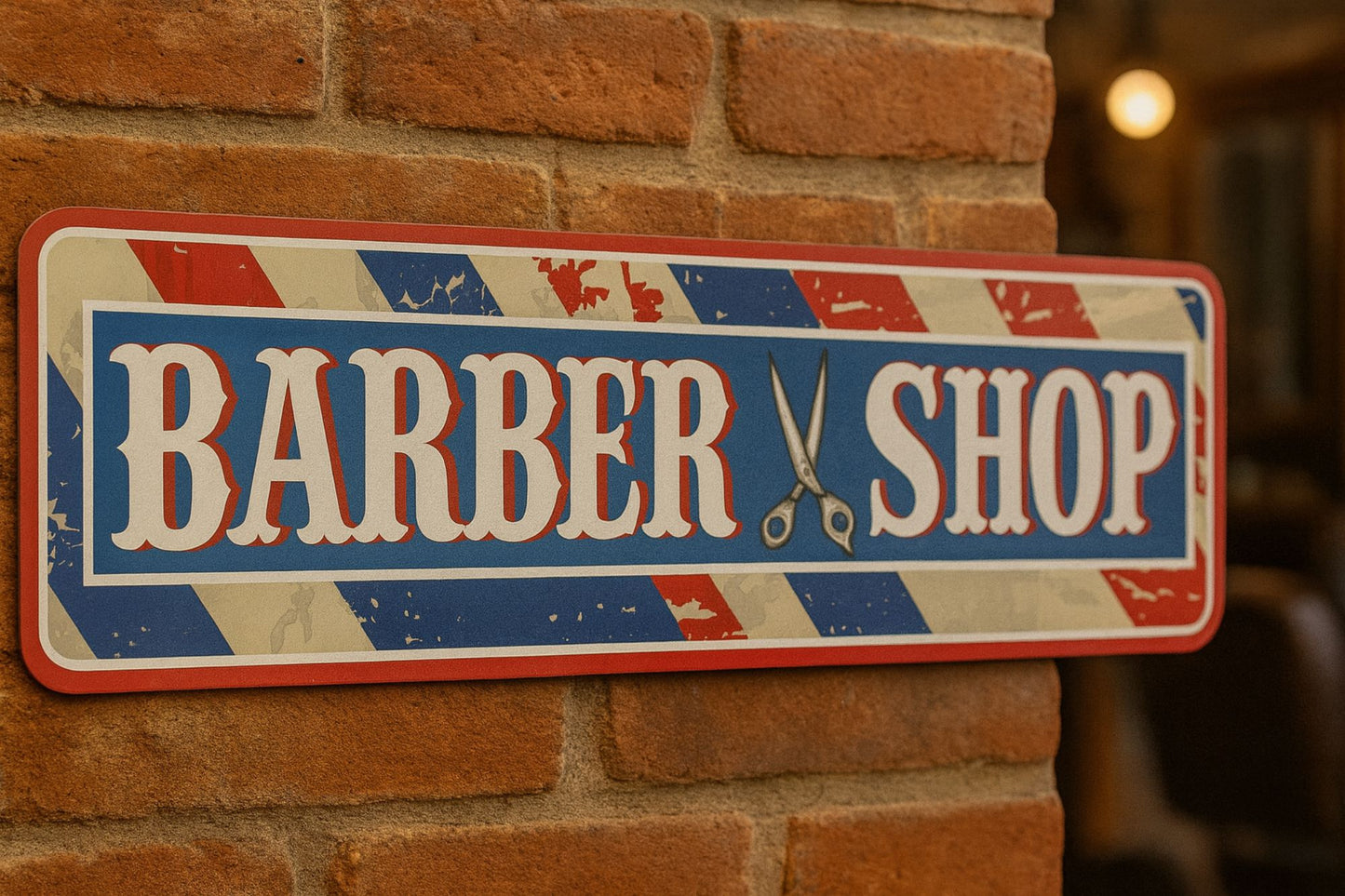 Personalized Barber Shop aluminum sign mounted on an outside brick wall 