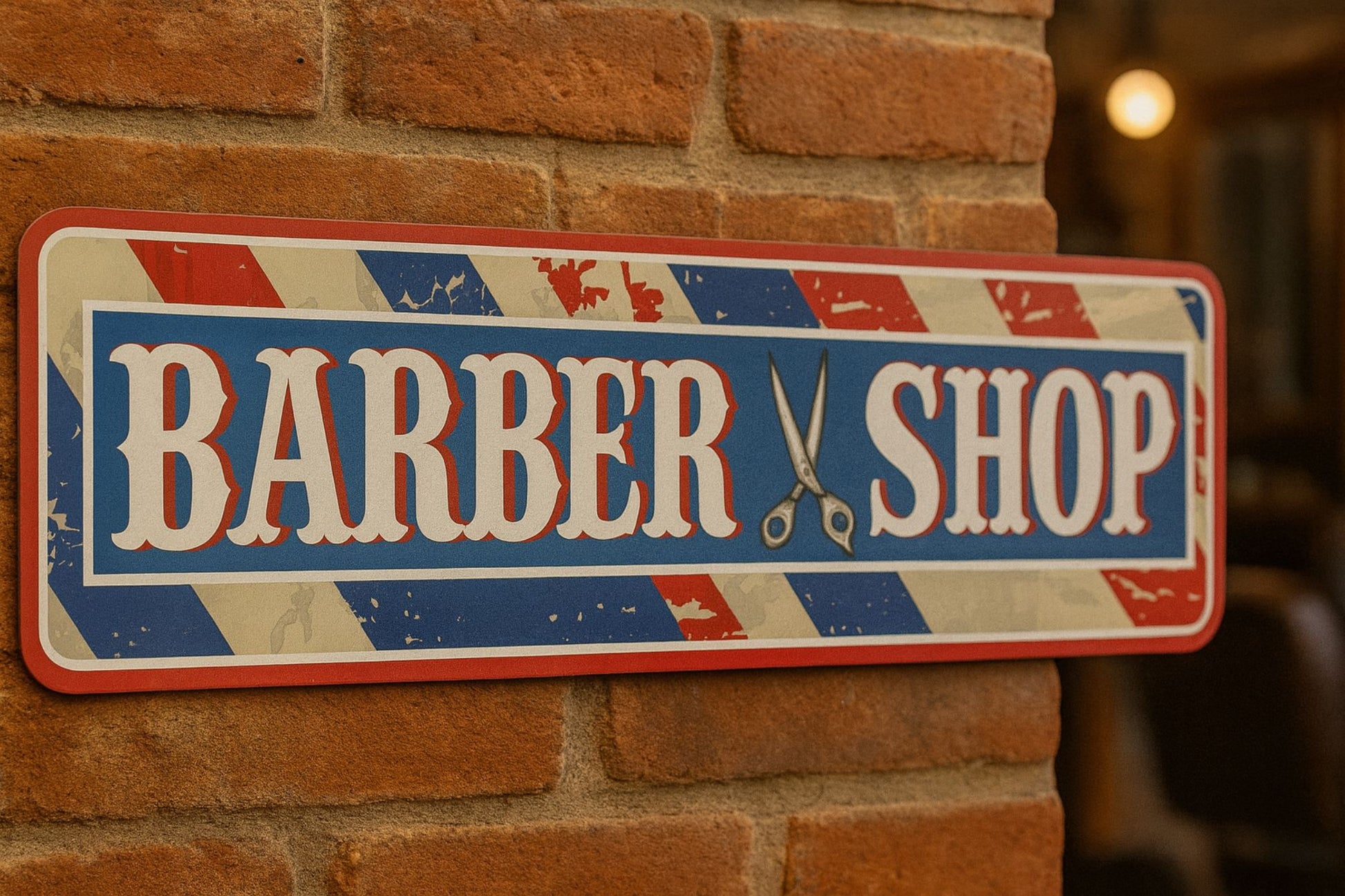 Personalized Barber Shop aluminum sign mounted on an outside brick wall 