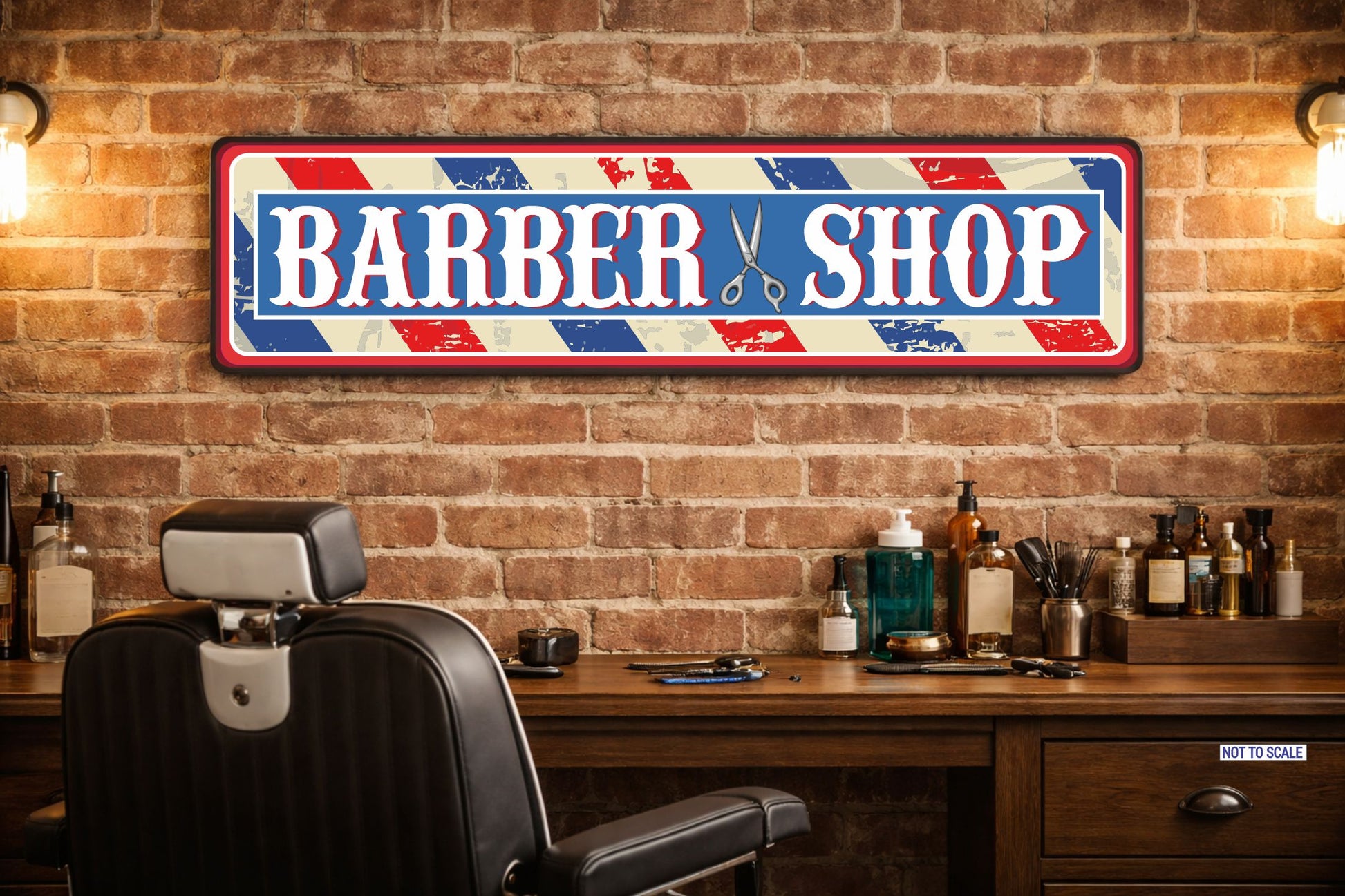 Personalized Barber Shop aluminum sign mounted on brick wall above barber chair and workstation