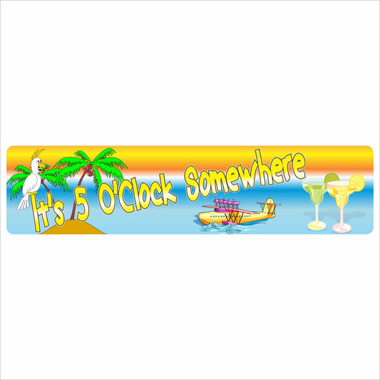 Beach-themed It’s 5 O’Clock Somewhere sign with palm trees, parrot, drinks, and tropical boat illustration