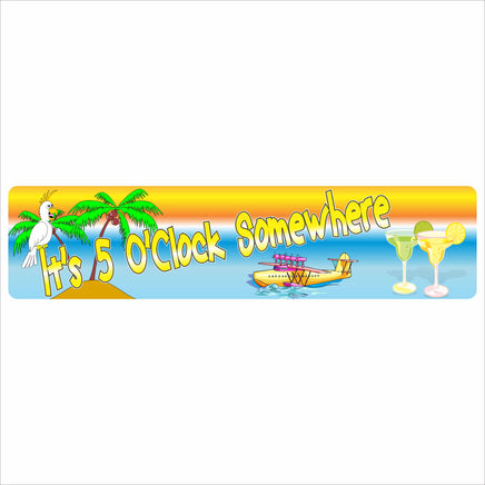 Beach-themed It’s 5 O’Clock Somewhere sign with palm trees, parrot, drinks, and tropical boat illustration