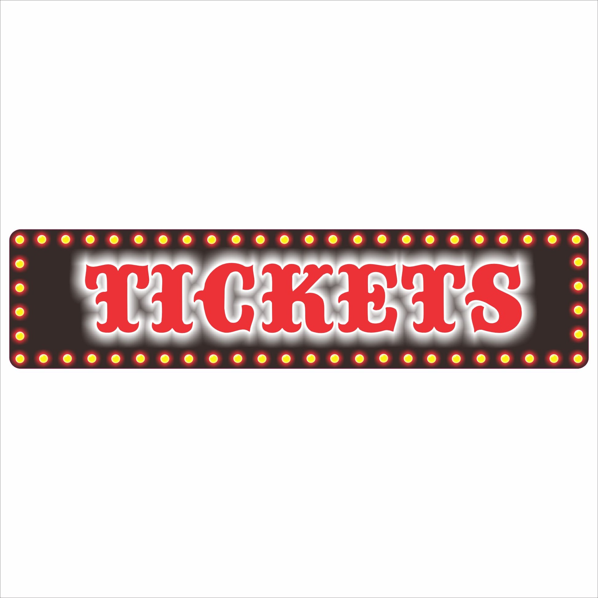 Tickets marquee sign with glowing bulb border and bold red lettering