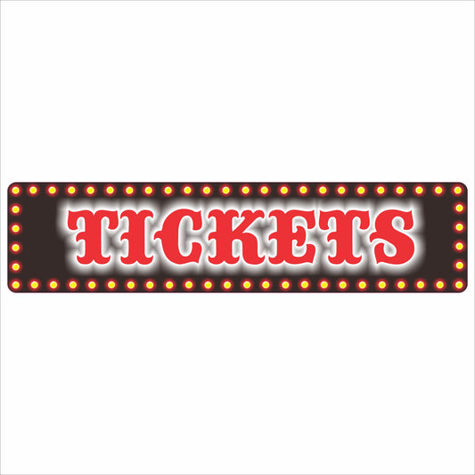 Tickets marquee sign with glowing bulb border and bold red lettering