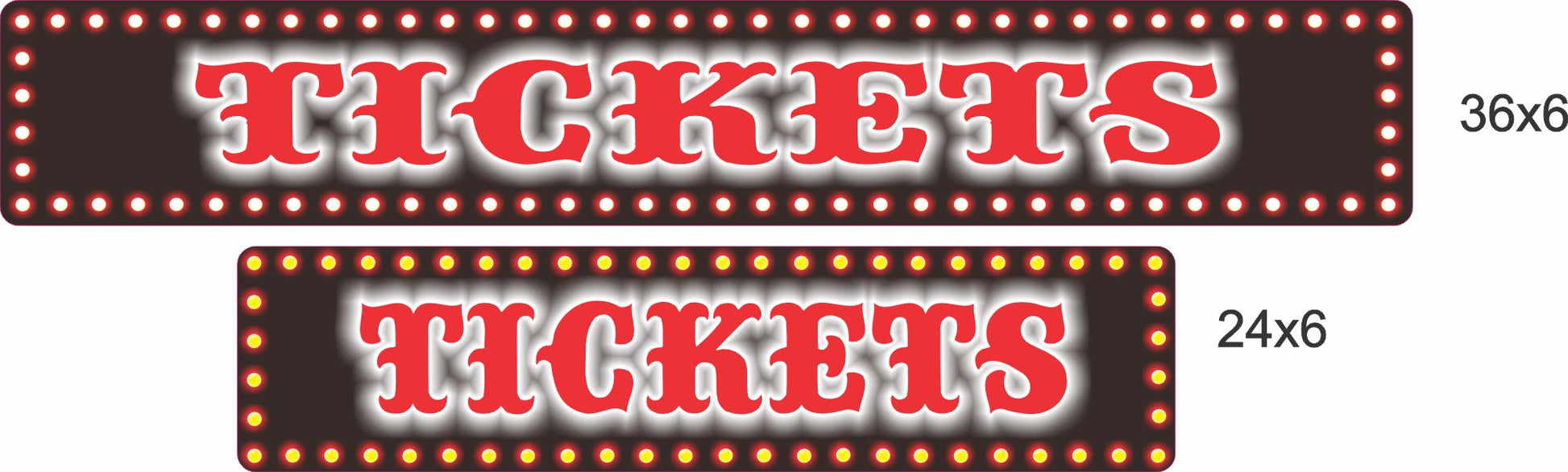Two personalized Tickets signs shown in 24×6 and 36×6 sizes on a gray background