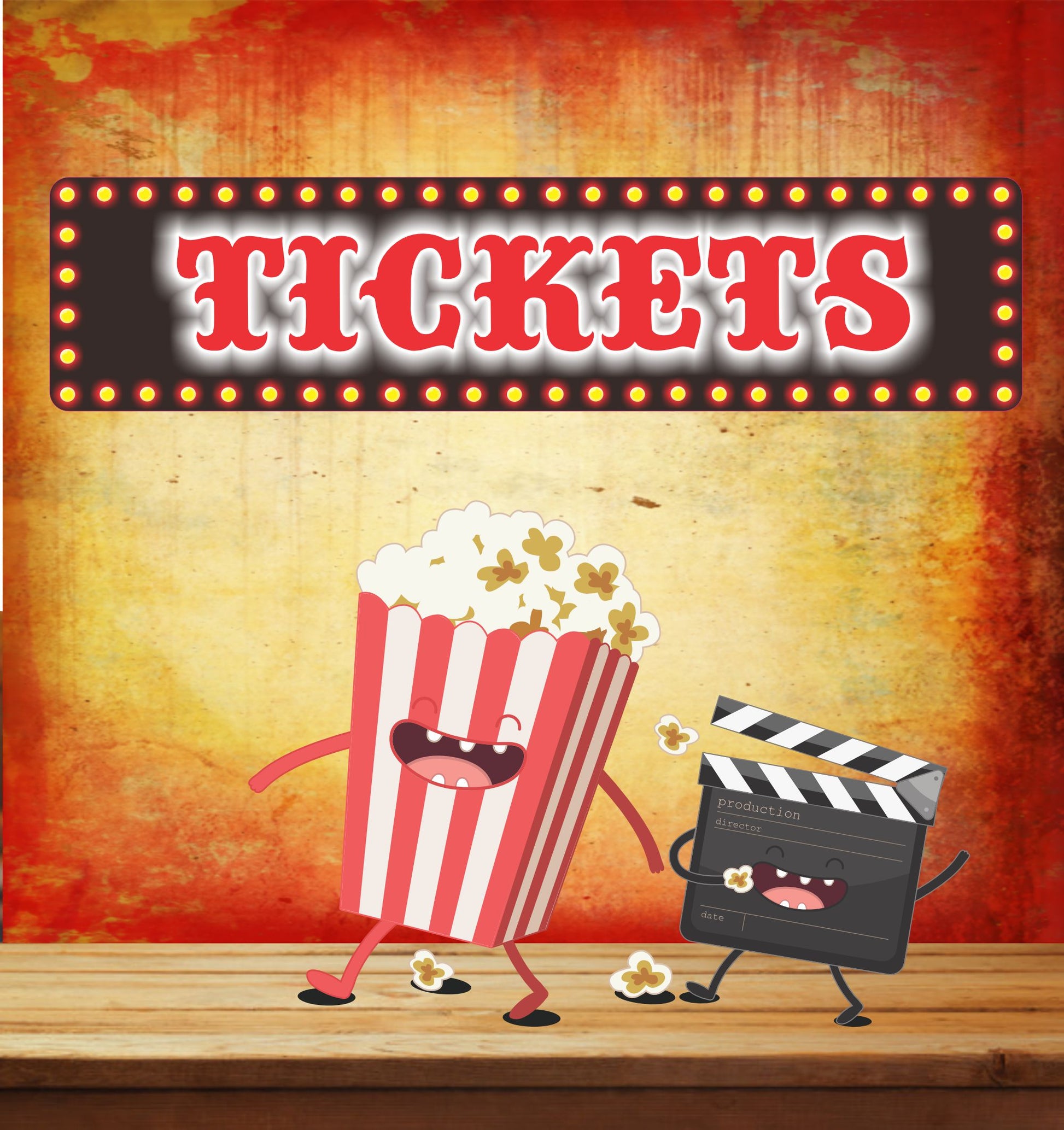 Tickets marquee sign displayed on vintage movie background with popcorn and film clapper character, shown not to scale