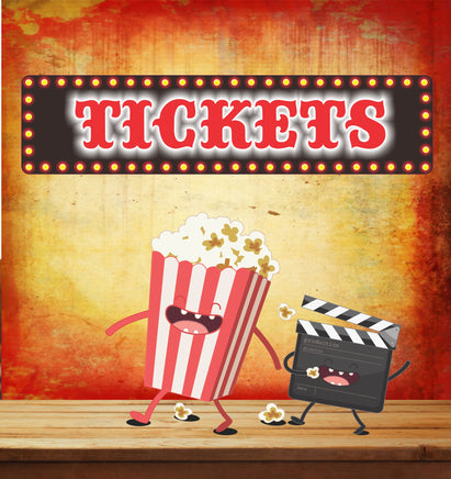 Tickets marquee sign displayed on vintage movie background with popcorn and film clapper character, shown not to scale