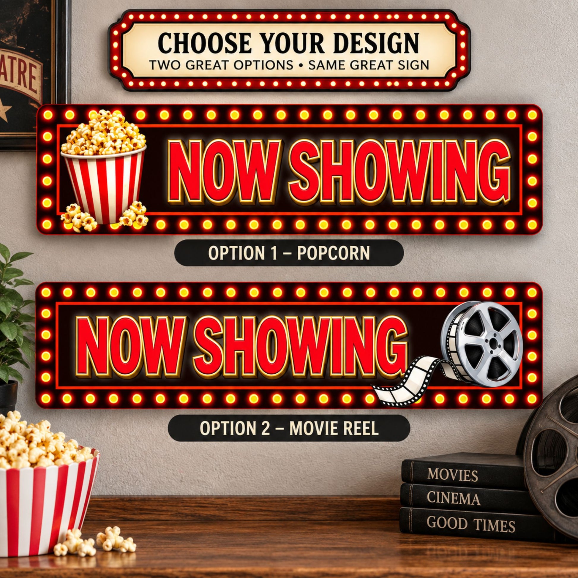 Now Showing aluminum movie theater sign available with your choice of popcorn or movie reel design.