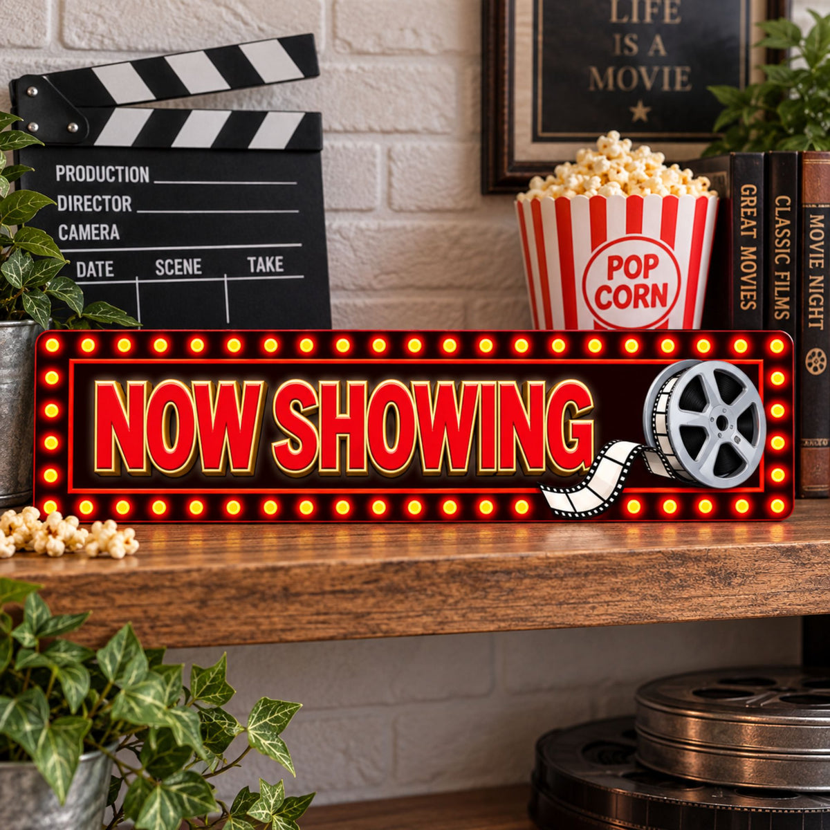 Now Showing movie reel aluminum sign displayed on a shelf with movie theater decor.