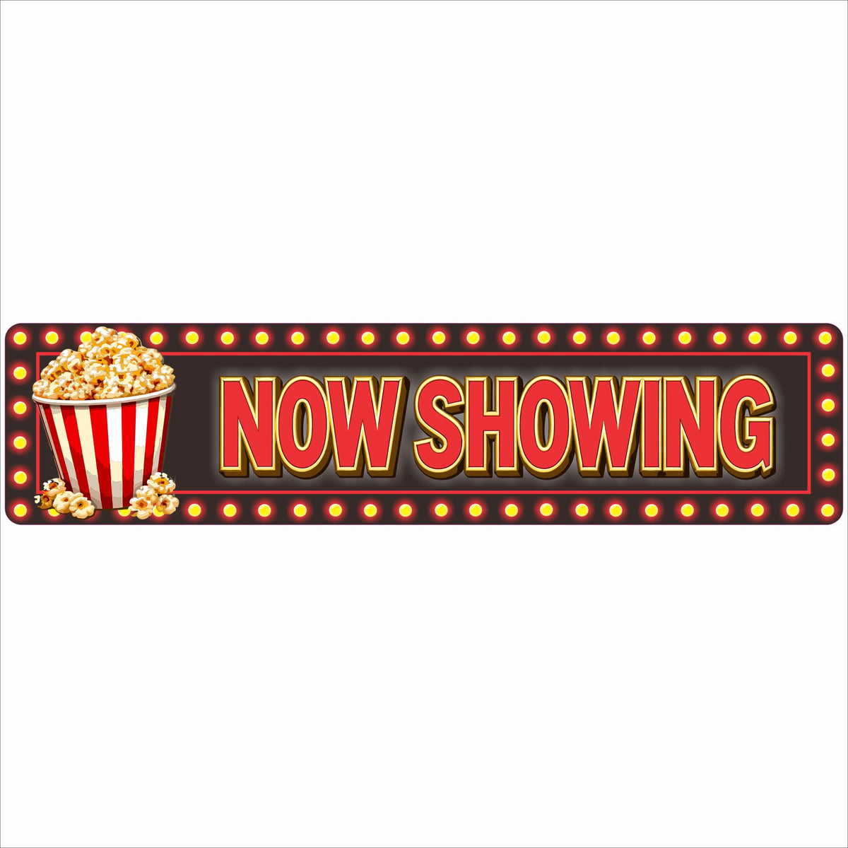 Now Showing aluminum movie theater sign with popcorn design and printed marquee lights.