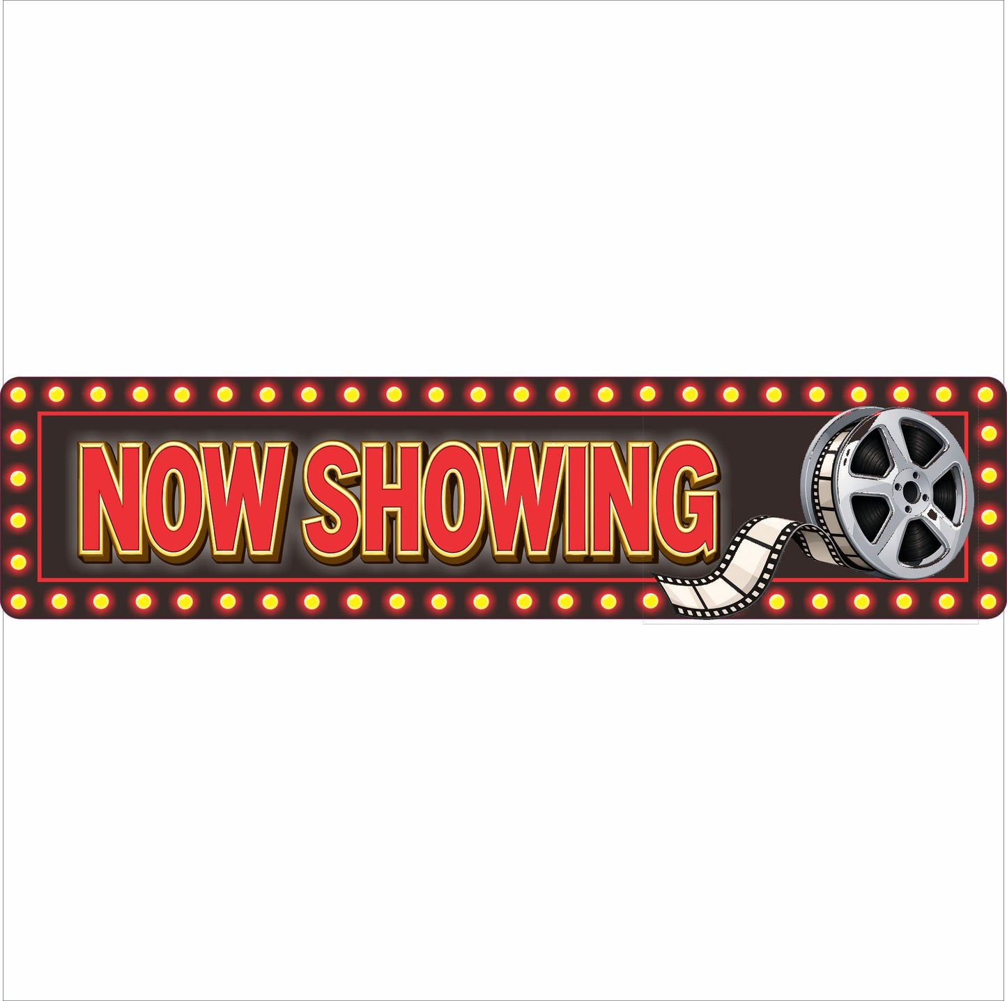 Now Showing aluminum movie theater sign with movie reel and filmstrip design.