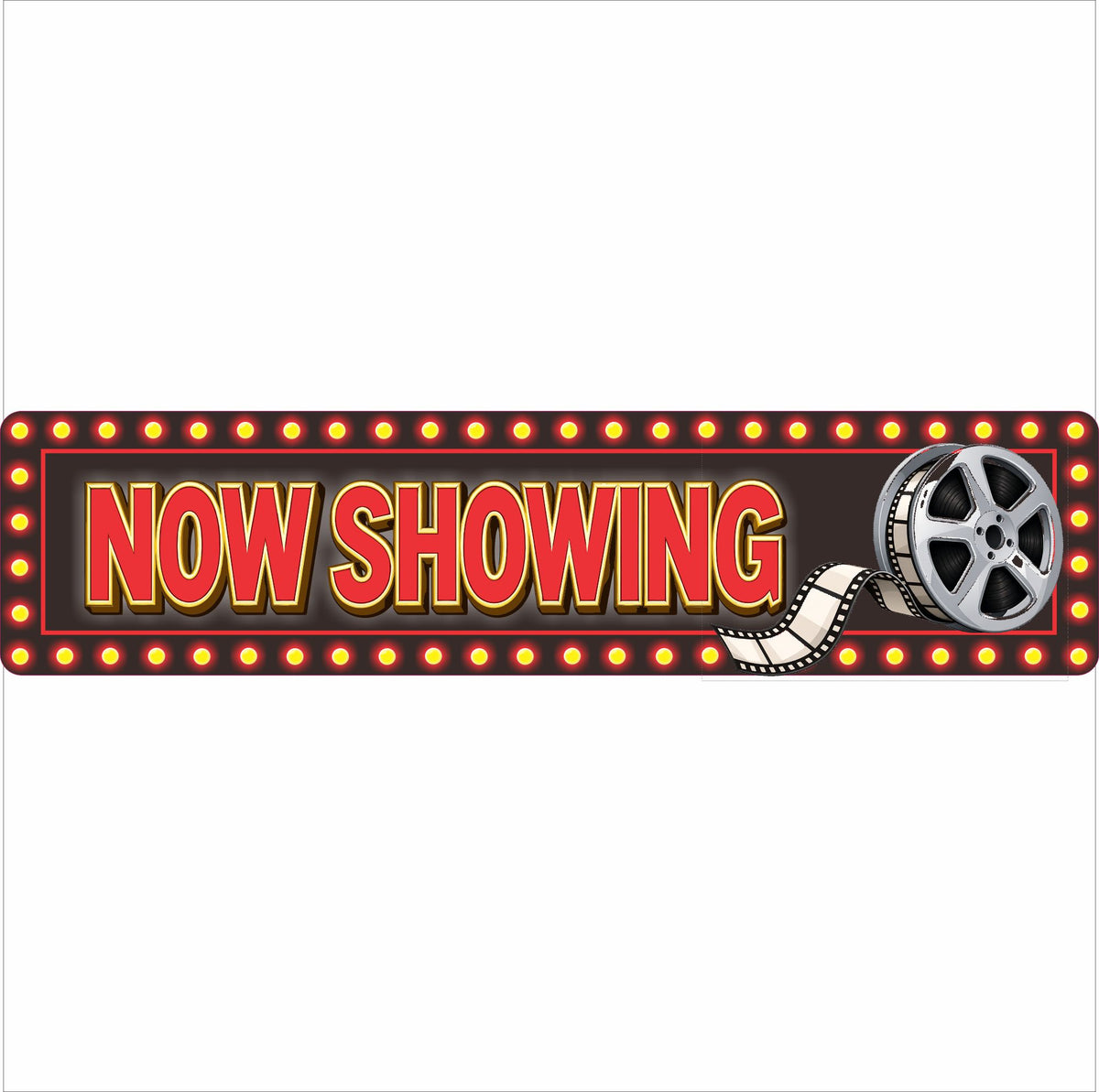Now Showing aluminum movie theater sign with movie reel and filmstrip design.