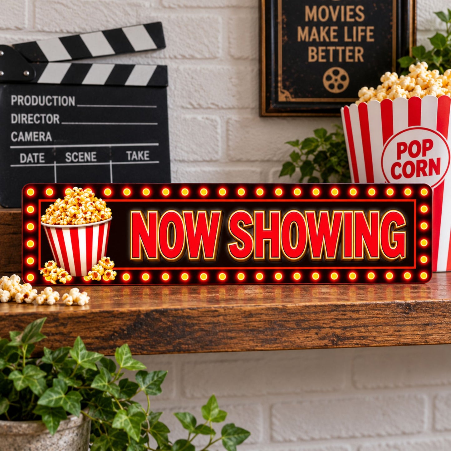 Now Showing popcorn aluminum sign displayed on a shelf in a home theater setting.