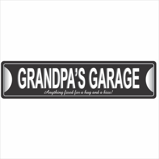 Personalized Grandpa’s Garage aluminum sign with black background and bold white lettering