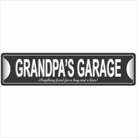 Personalized Grandpa’s Garage aluminum sign with black background and bold white lettering