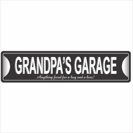 Personalized Grandpa’s Garage aluminum sign with black background and bold white lettering