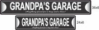 Two Grandpa’s Garage aluminum signs shown side by side in 24×6 and 36×6 sizes