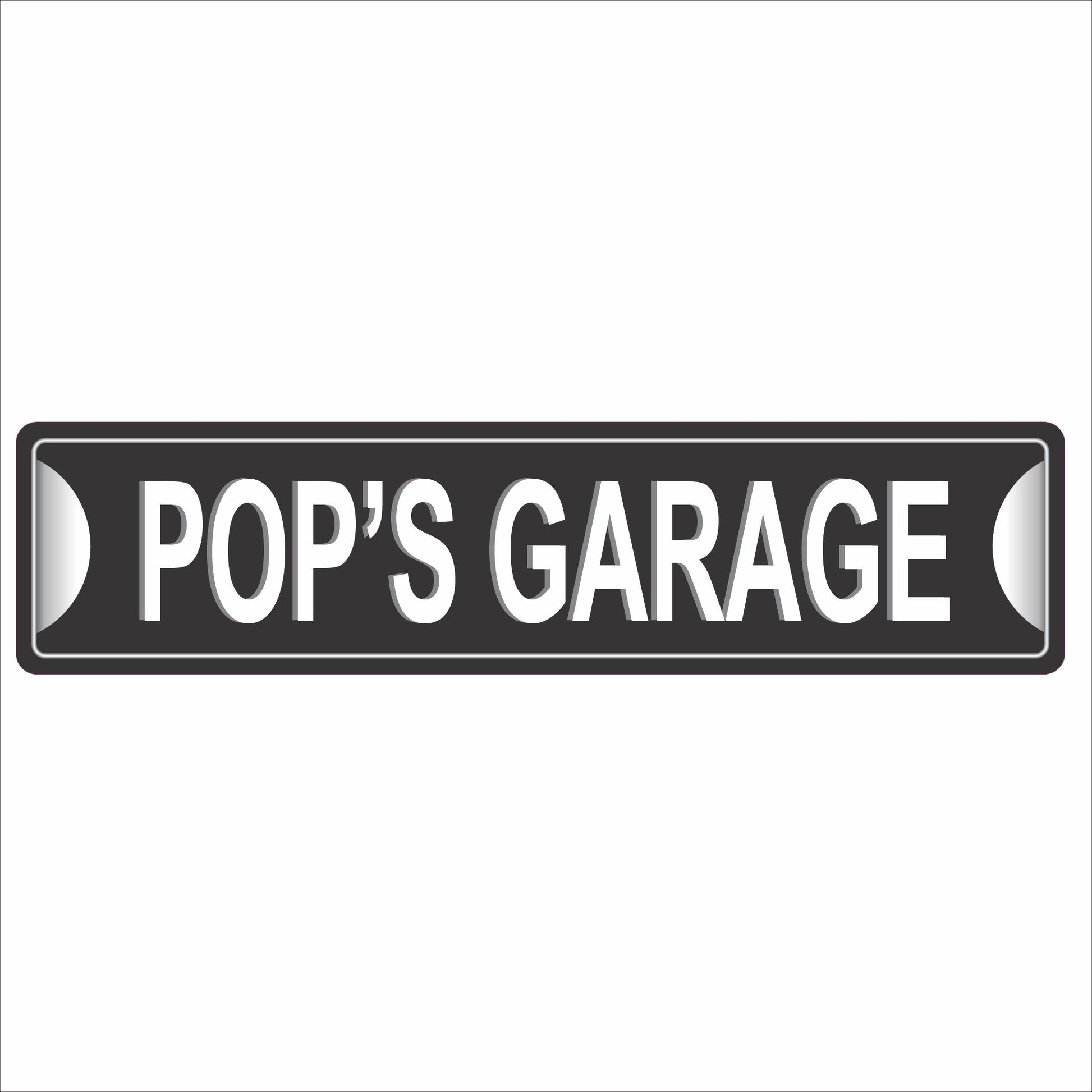 Pop’s Garage personalized aluminum street-style sign in black and white
