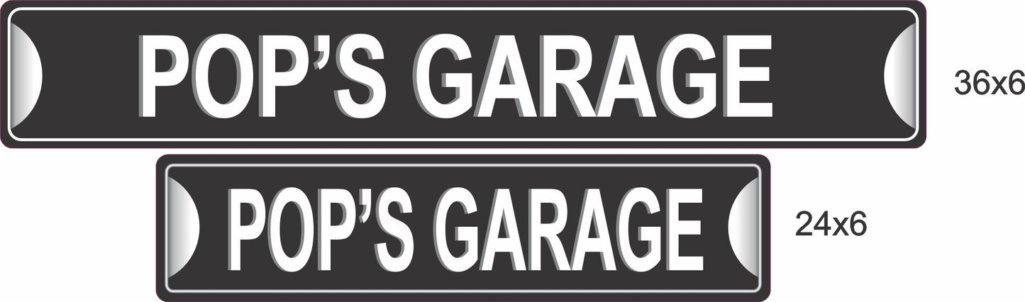 Two personalized aluminum garage signs shown side by side to compare 24×6 and 36×6 sizes