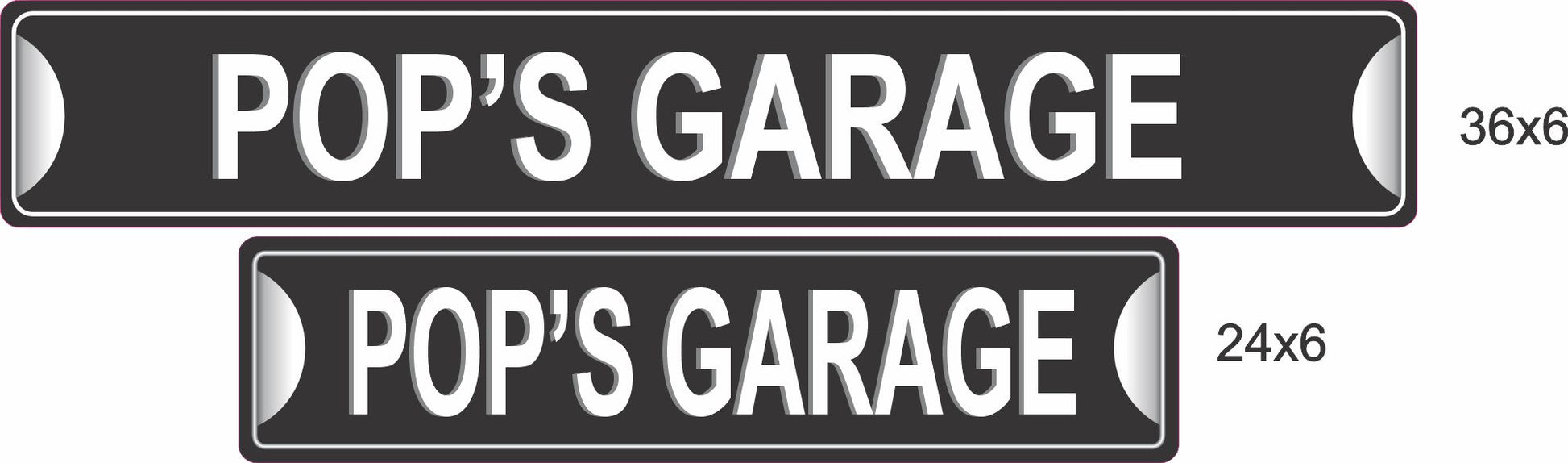 Two personalized aluminum garage signs shown side by side to compare 24×6 and 36×6 sizes