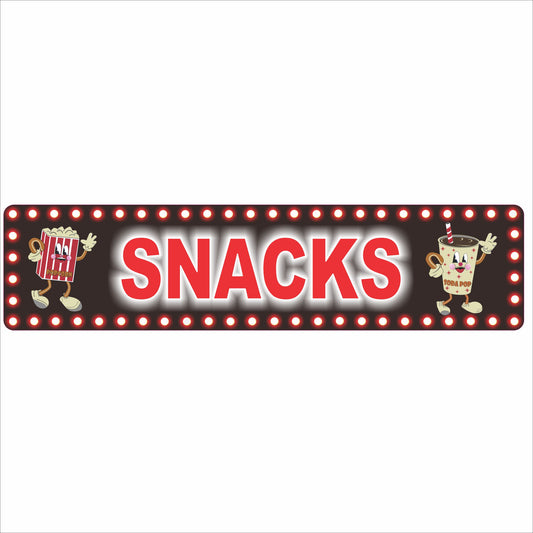 Retro marquee-style “SNACKS” sign with cartoon popcorn and soda characters and printed bulb border