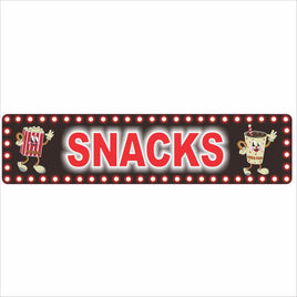 Retro marquee-style “SNACKS” sign with cartoon popcorn and soda characters and printed bulb border