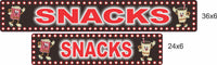 Two aluminum SNACKS signs shown in 24×6 and 36×6 sizes for visual size comparison