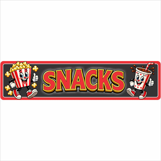 Straight-on movie theater Snacks sign with cartoon popcorn and soda characters and bold red and yellow lettering.