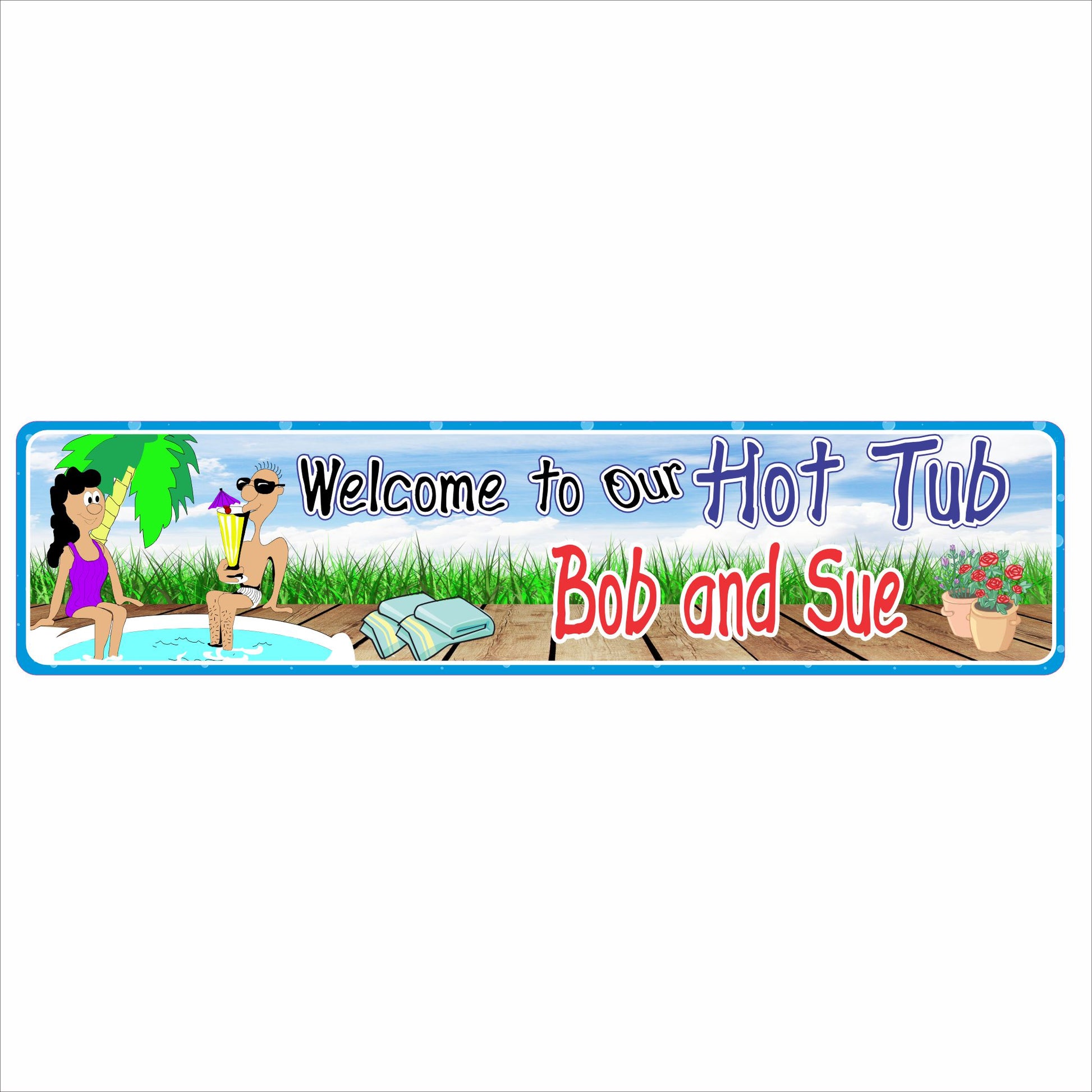 personalized hot tub sign with cartoon couple relaxing by a spa that says welcome to our hot tub