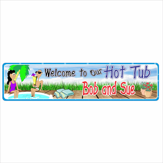 personalized hot tub sign with cartoon couple relaxing by a spa that says welcome to our hot tub