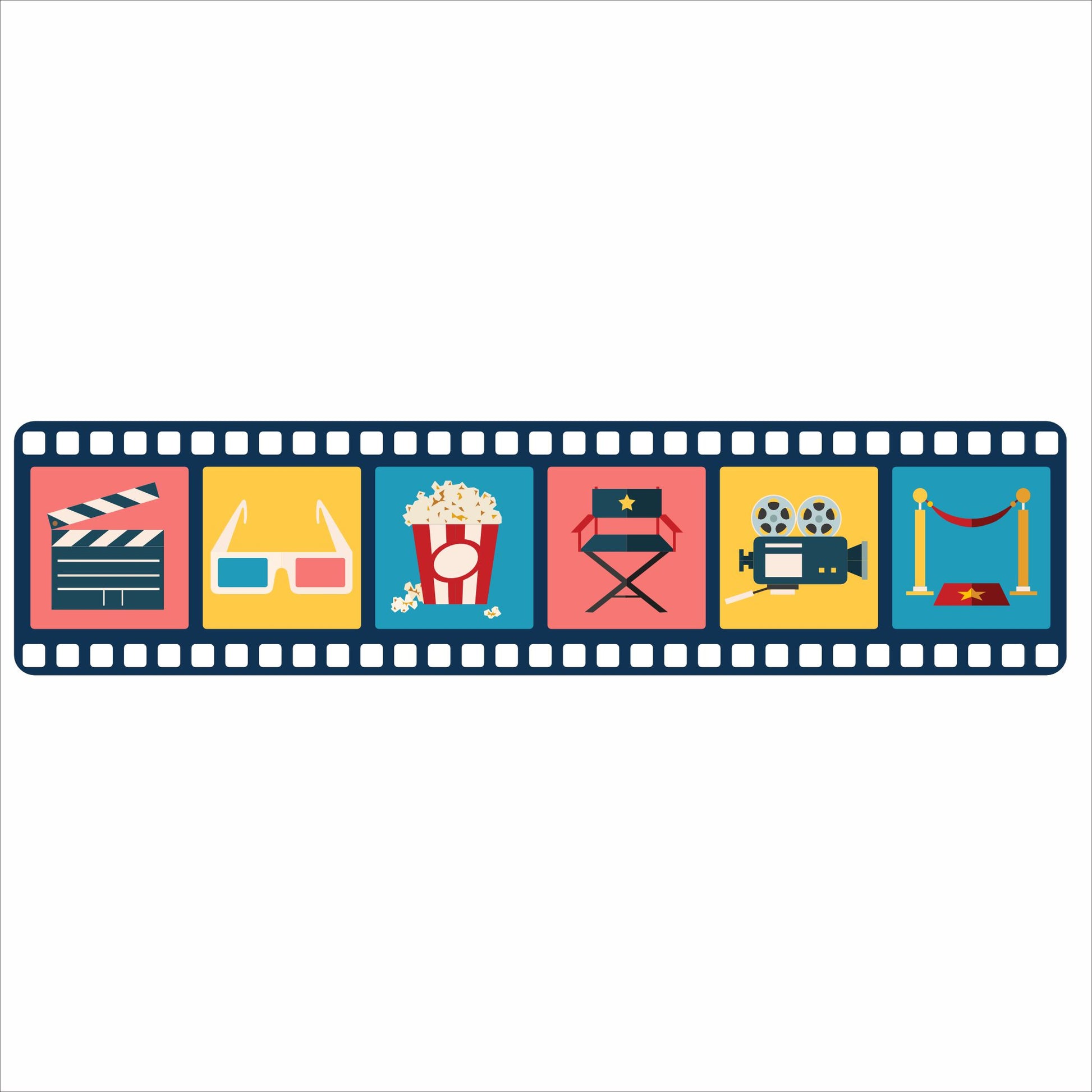 Film strip style home theater sign with movie icons including clapboard, 3D glasses, popcorn, director chair, movie camera and red carpet