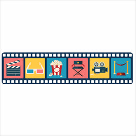 Film strip style home theater sign with movie icons including clapboard, 3D glasses, popcorn, director chair, movie camera and red carpet