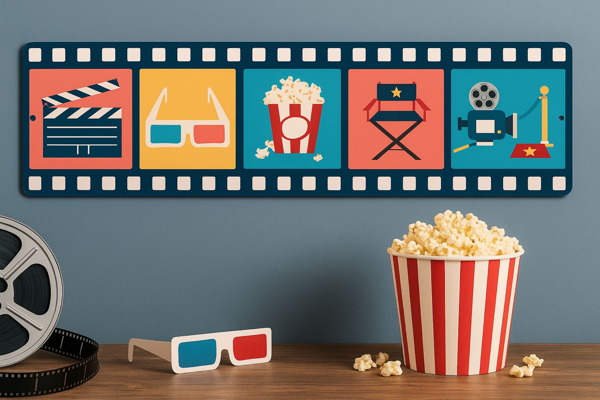 Film strip movie theater wall sign displayed above a popcorn bucket and 3D glasses in a home theater room