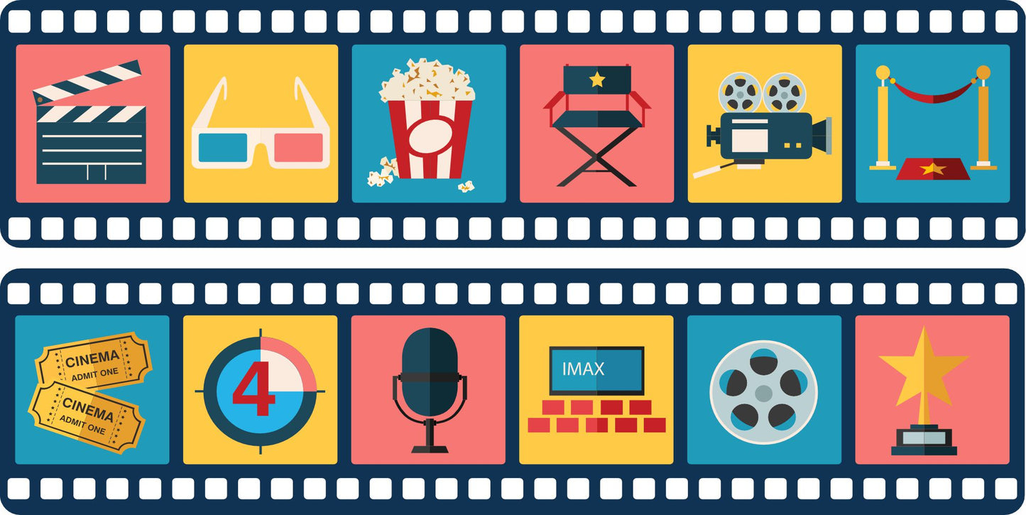 Film strip home theater sign shown in two design options including clapboard version and movie tickets version