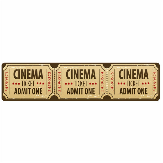 Vintage-style cinema ticket wall sign with three “Admit One” tickets printed across, home theater decor.