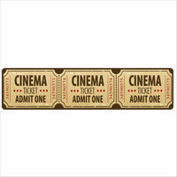 Vintage-style cinema ticket wall sign with three “Admit One” tickets printed across, home theater decor.