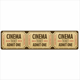 Vintage-style cinema ticket wall sign with three “Admit One” tickets printed across, home theater decor.