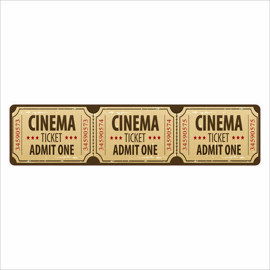 Vintage cinema ticket aluminum sign featuring three connected admission tickets with distressed tan, brown, and red movie theater artwork.