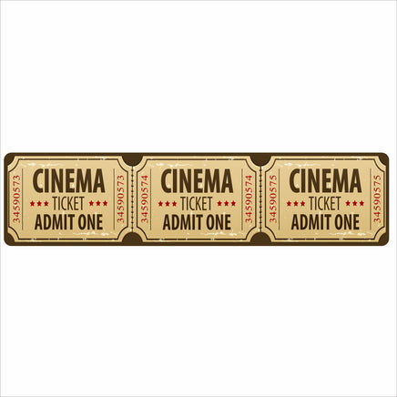 Vintage-style cinema ticket wall sign with three “Admit One” tickets printed across, home theater decor.