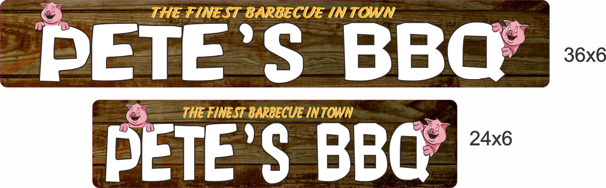 A side-by-side comparison of two aluminum barbecue signs with the same “Pete’s BBQ” design, showing the difference between the larger 36×6 size and the smaller 24×6 size.