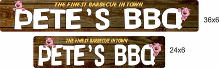 A side-by-side comparison of two aluminum barbecue signs with the same “Pete’s BBQ” design, showing the difference between the larger 36×6 size and the smaller 24×6 size.