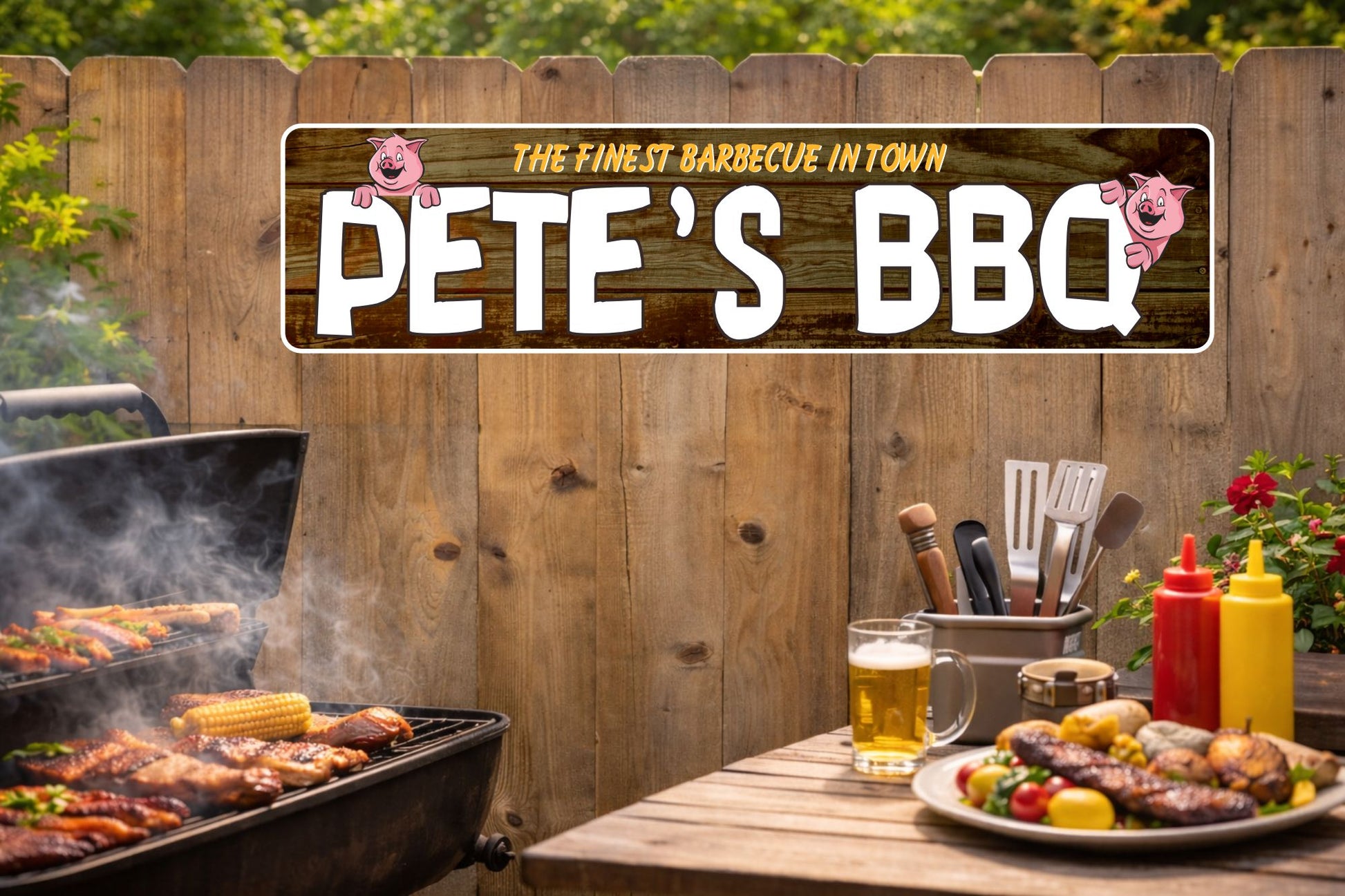 Outdoor backyard barbecue scene with personalized “Pete’s BBQ” sign hanging on a wooden fence above a grill and picnic table.