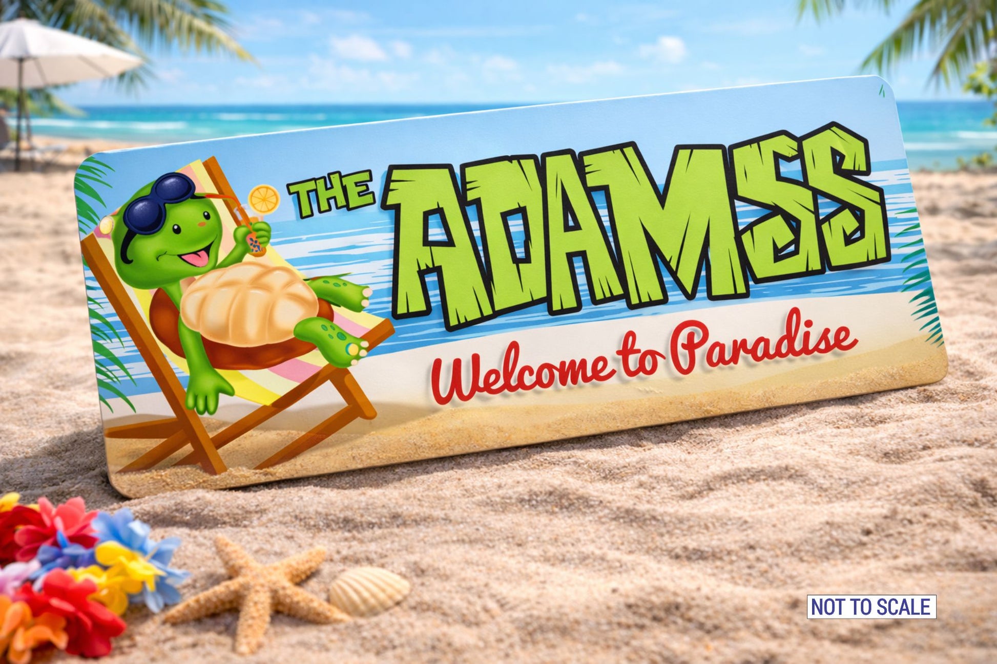 custom beach turtle family sign resting in sand on tropical beach with ocean waves palm trees starfish and seashells welcome to paradise sign for beach house or tiki bar decor