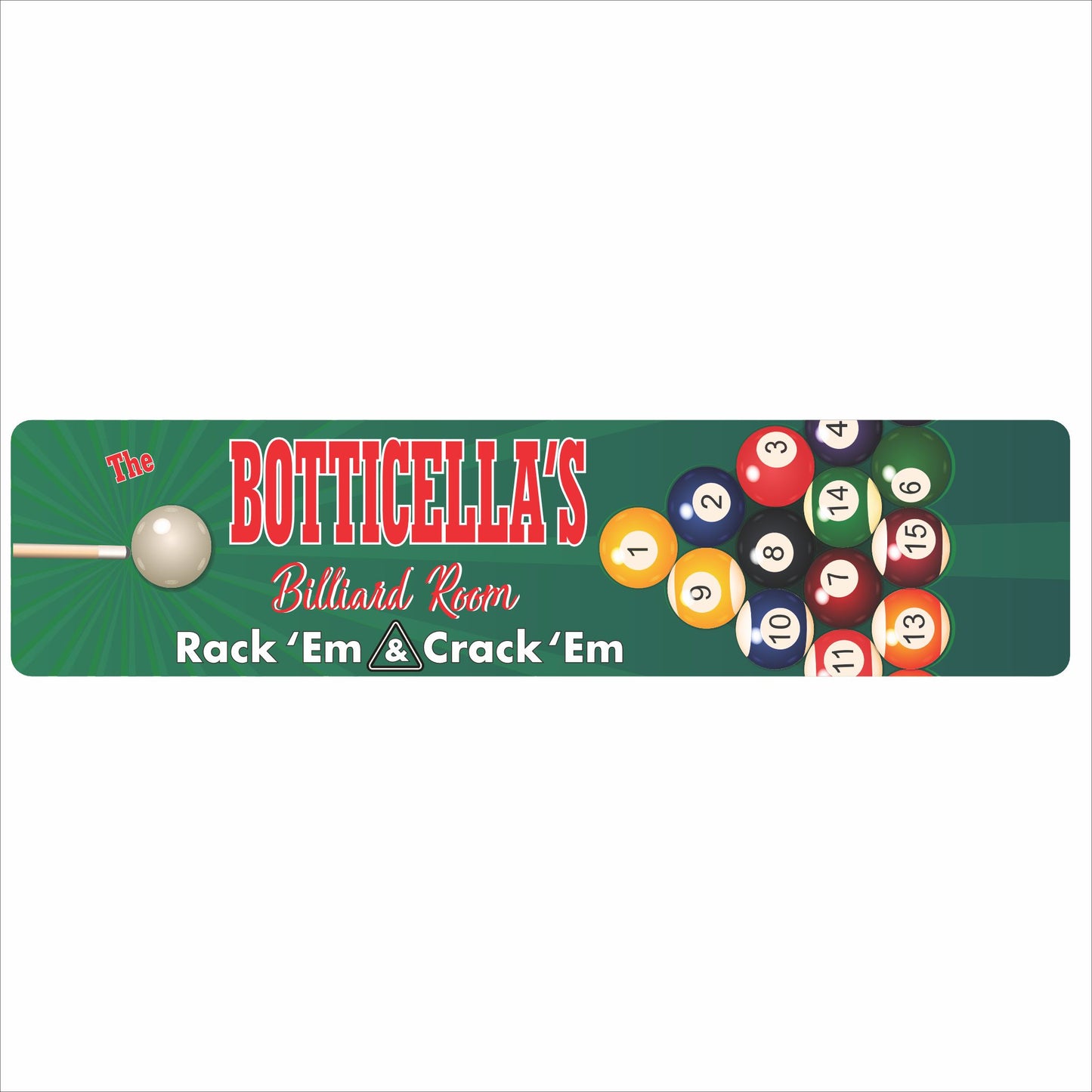 Personalized aluminum billiard room sign reading “Billiard Room – Rack ’Em & Crack ’Em” with cue ball and colorful pool balls.