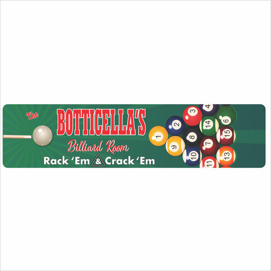Personalized aluminum billiard room sign reading “Billiard Room – Rack ’Em & Crack ’Em” with cue ball and colorful pool balls.