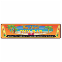 personalized tiki bar aluminum street sign with palm trees and surfboards