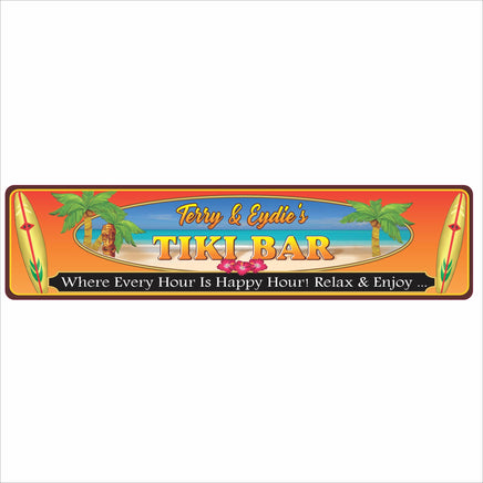 personalized tiki bar aluminum street sign with palm trees and surfboards