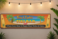 tropical tiki bar aluminum sign hanging on a backyard wall