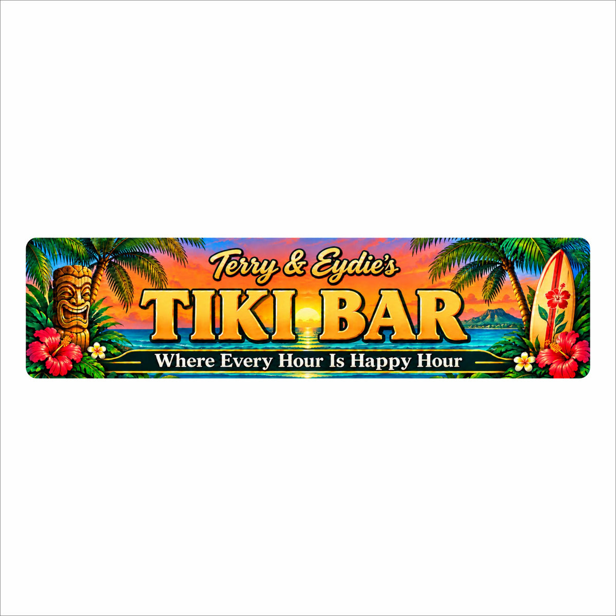 Personalized tropical tiki bar aluminum sign with gold lettering, a sunset ocean scene, palm trees, hibiscus flowers, a tiki carving, and a surfboard.