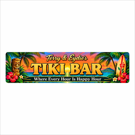 Personalized tropical tiki bar aluminum sign with gold lettering, a sunset ocean scene, palm trees, hibiscus flowers, a tiki carving, and a surfboard.
